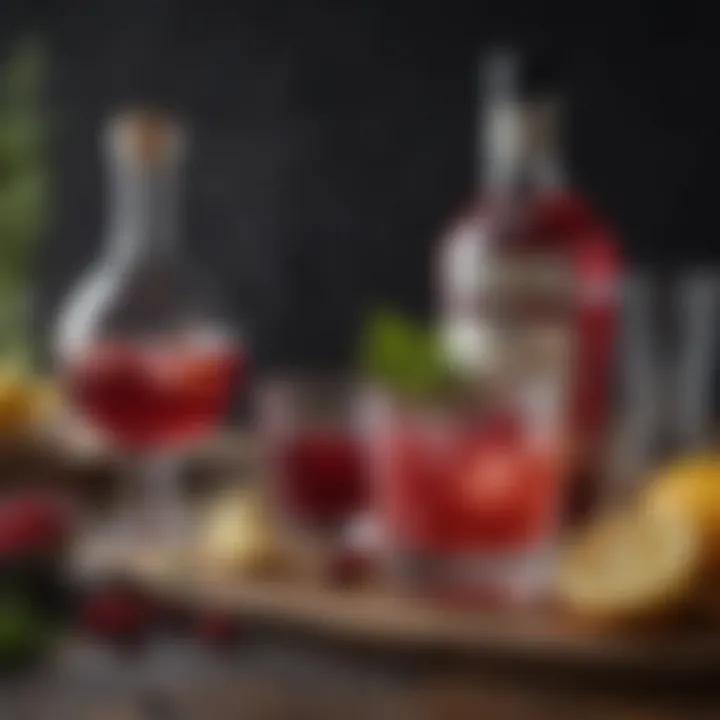 An elegant cocktail setup featuring various ingredients for vodka punch, including cranberry juice, vodka, and garnishes.