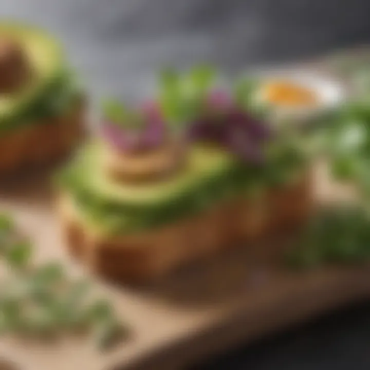 A gourmet avocado toast topped with microgreens and edible flowers, showcasing a vibrant presentation.