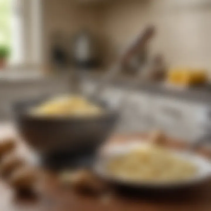 Farberware Potato Masher in use with a bowl of mashed potatoes in the background.