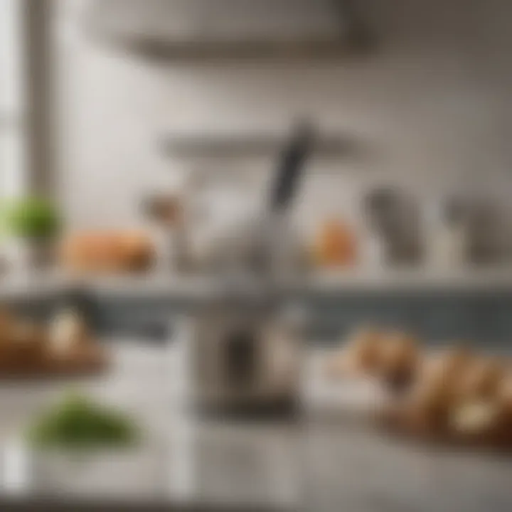 A clean and organized kitchen countertop featuring the Farberware Potato Masher.