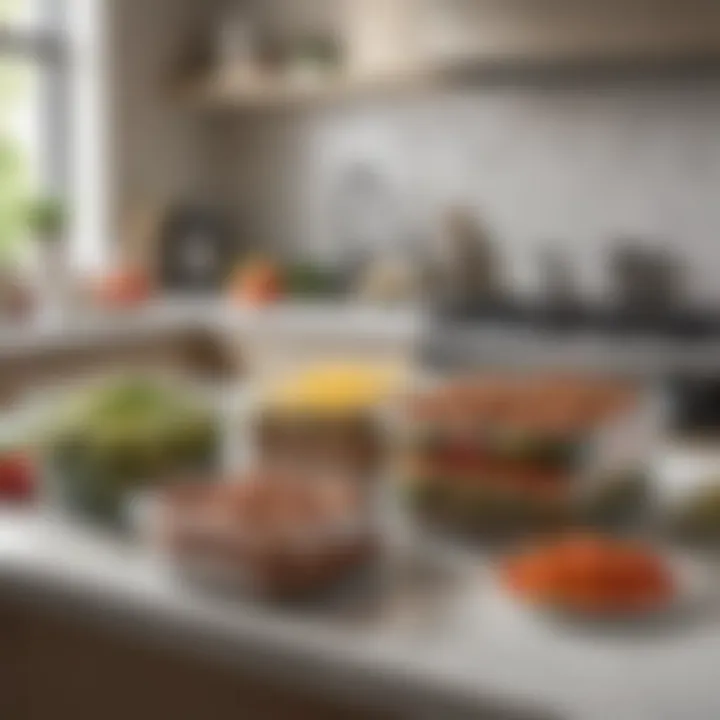 An organized kitchen countertop with meal prep containers filled with protein-rich foods.