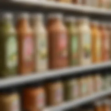 Assorted store-bought fat-free salad dressings on a shelf