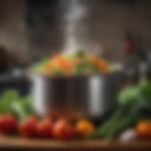 A pot of boiling water with fresh vegetables.
