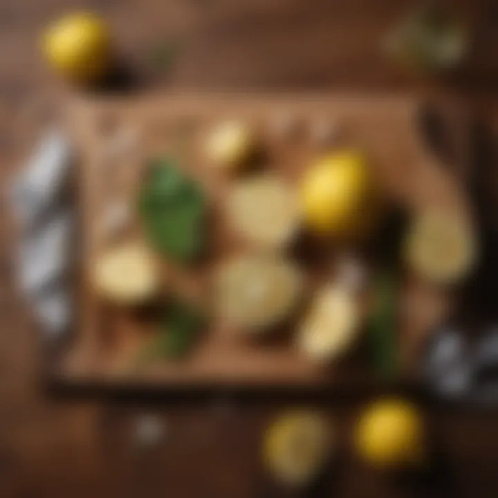 Fresh ingredients for garlic lemon dressing, including garlic cloves and lemons on a wooden cutting board