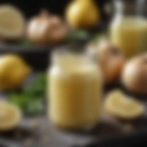 Close-up of a vibrant garlic lemon dressing in a glass jar