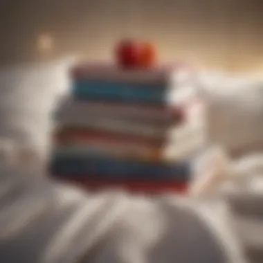 A stack of uplifting books resting on a bed with a warm blanket.