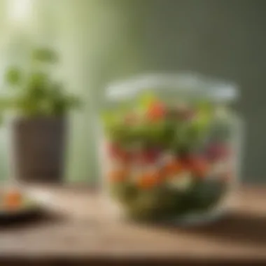 Glass salad container in a natural setting, emphasizing sustainability