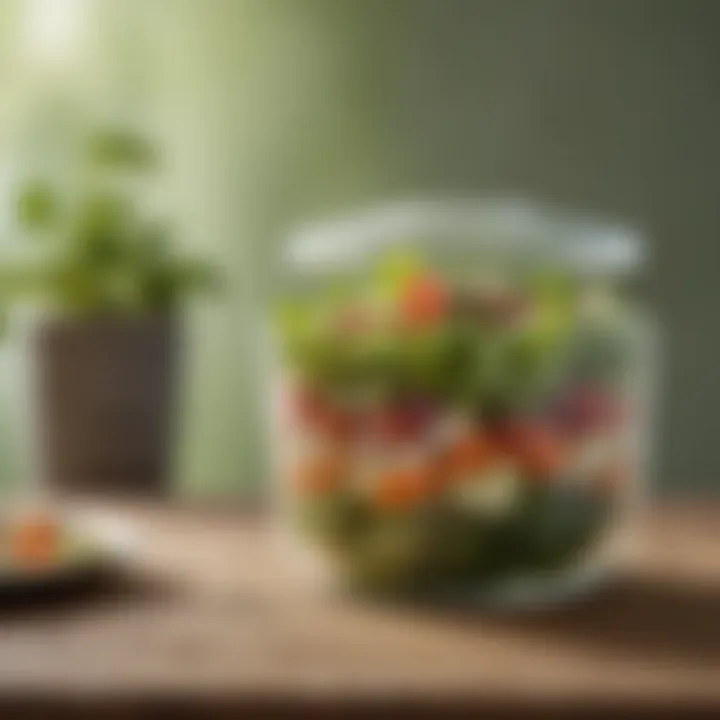 Glass salad container in a natural setting, emphasizing sustainability