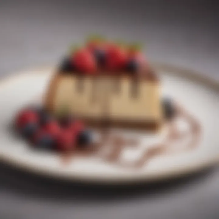 Slice of Godiva chocolate cheesecake on a decorative plate with fresh berries