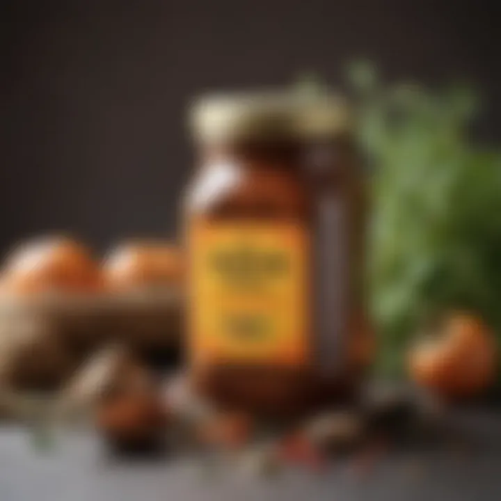 A close-up of a spice jar filled with Goya adobo with pepper surrounded by herbs