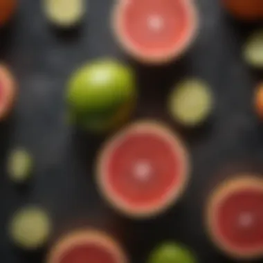 Fresh ingredients for crafting a grapefruit margarita, including grapefruits, lime, and tequila