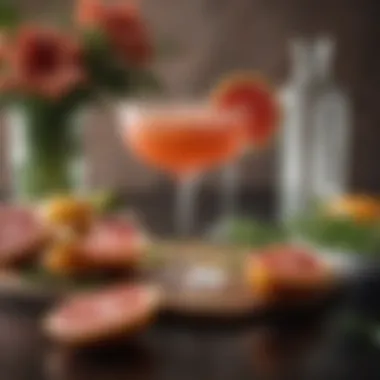 An elegant setting featuring a grapefruit margarita alongside fresh grapefruits and herbs