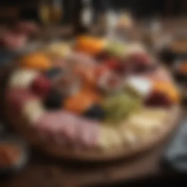 An elegantly arranged charcuterie board featuring assorted cheeses and fruits