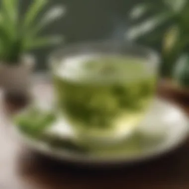 Serenity in a Cup of Green Tea A serene setting with a steaming cup of green tea, exuding tranquility and wellness.