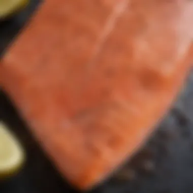 Close-up of salmon steak's ideal thickness for grilling