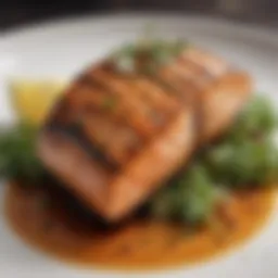 Perfectly grilled salmon steak on a plate garnished with herbs