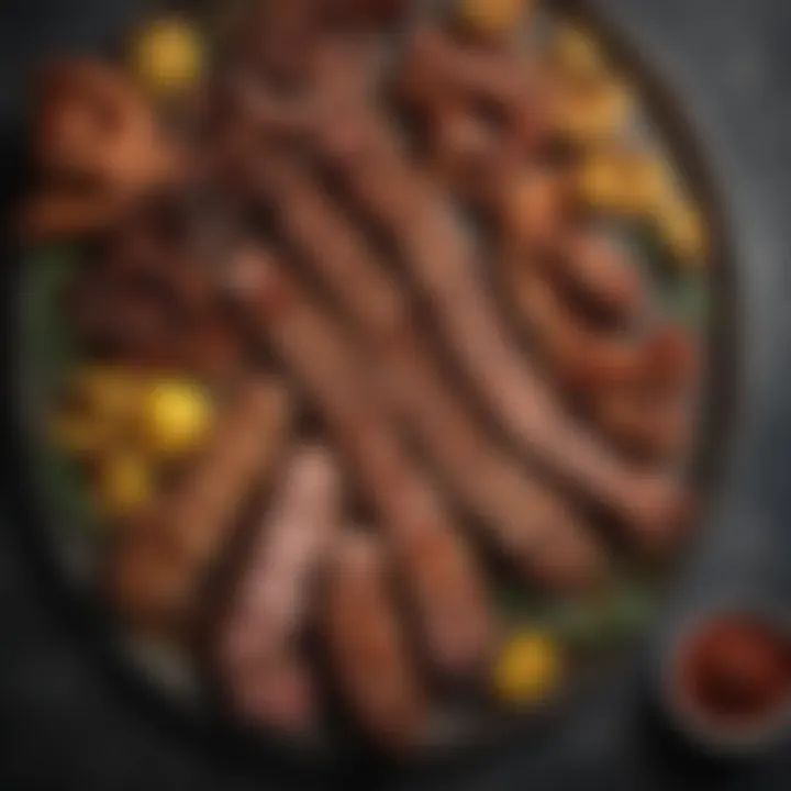 An assortment of grilled meats seasoned with barbecue spices on a platter.