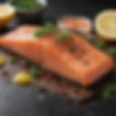 Fresh Salmon Fillet with Accompaniments Fresh salmon fillet with herbs and lemon