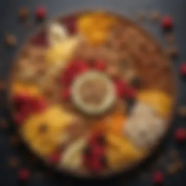 A beautifully arranged plate featuring a medley of fruits and nuts