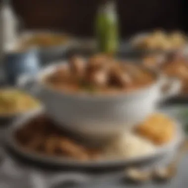 An elegantly arranged plate of gumbo served with rice and garnishes