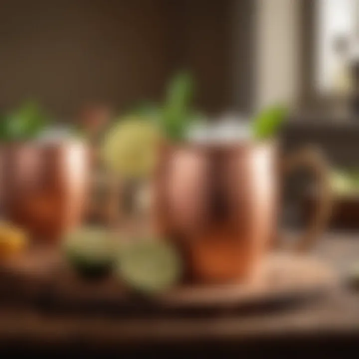 A beautifully arranged Moscow Mule mug with garnishes on a wooden table