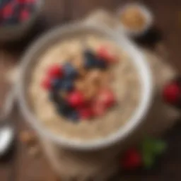 A bowl of oatmeal topped with berries and nuts