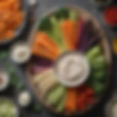 A platter of assorted vegetable sticks with a creamy dip