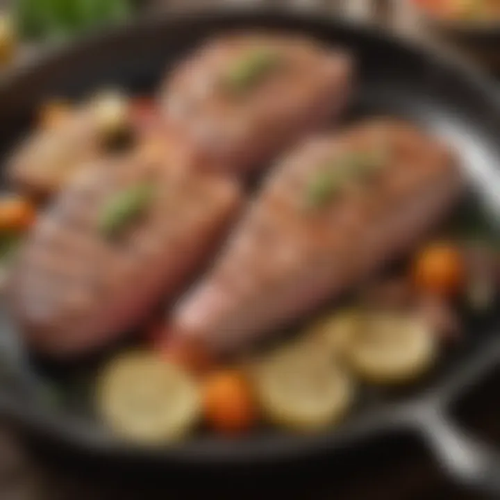 Sizzling pan with tuna steaks garnished with herbs