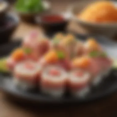 Plate of tuna sushi rolls with fresh ingredients