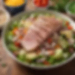 Bowl of vibrant salad with tuna, vegetables, and dressing