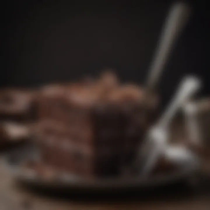 A fork lifting a decadent piece of Hershey's Special Dark Cake revealing its texture