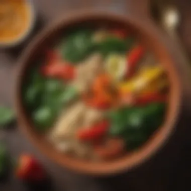 Colorful plate featuring quinoa, spinach, and bell peppers with citrus