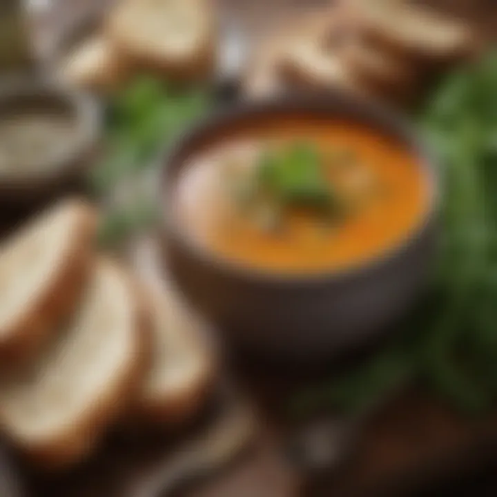 A hearty bowl of comforting soup, garnished with fresh herbs and served with crusty bread.