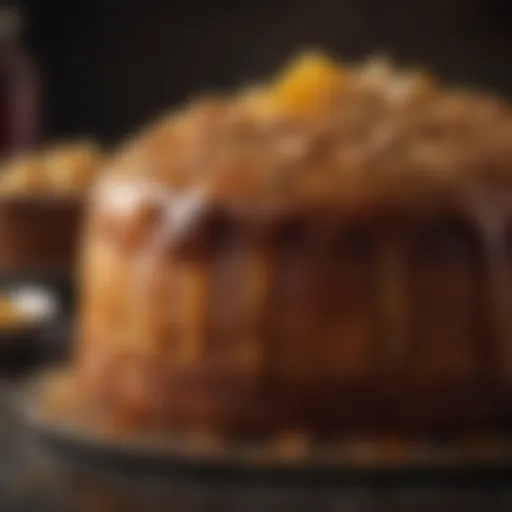 A beautifully glazed honey baked rum cake showcasing its rich texture and golden hue