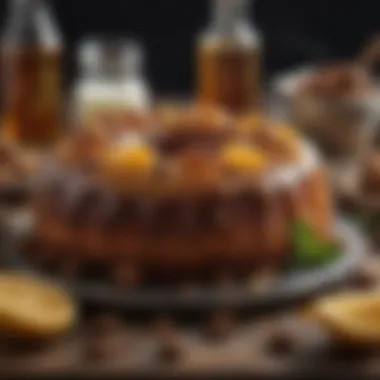 An array of fresh ingredients including honey, rum, and spices arranged for cake preparation