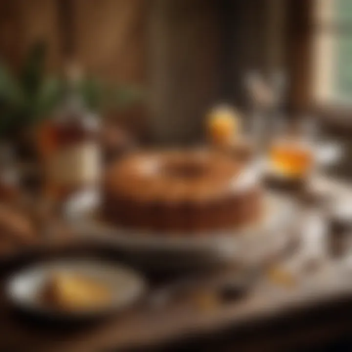 A rustic setting featuring the honey baked rum cake alongside a glass of rum