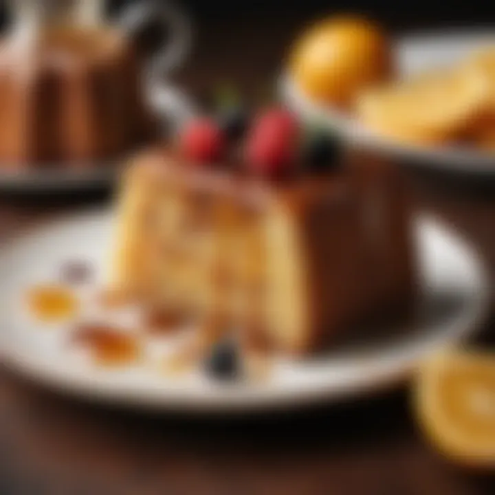 A slice of honey baked rum cake served elegantly on a plate, garnished with fruits