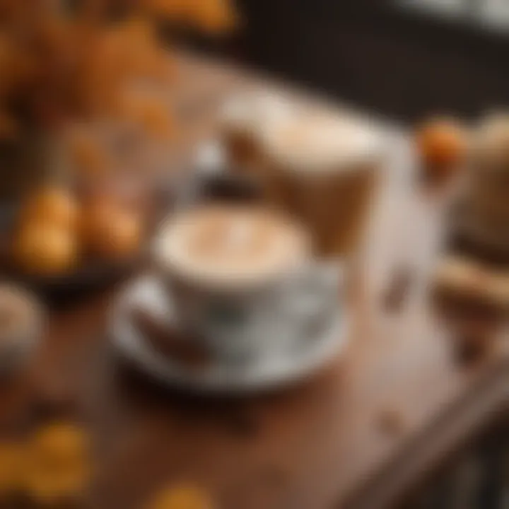 A cozy café setting with a Honey Cinnamon Latte on a table, surrounded by autumn decorations