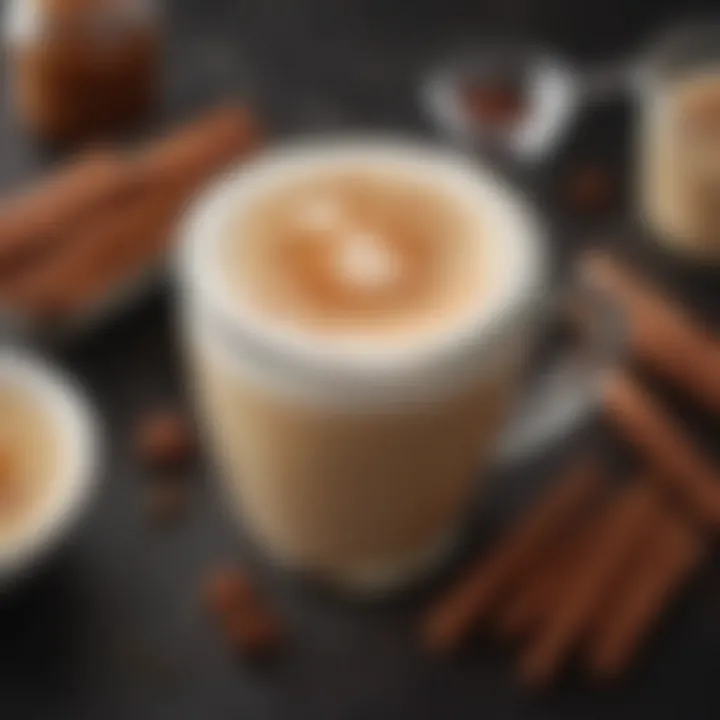 An array of ingredients used in a homemade Honey Cinnamon Latte, including honey, cinnamon, and espresso