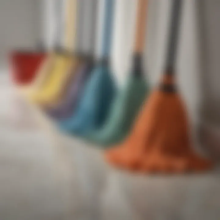 An assortment of traditional and modern mops displayed on a clean surface.