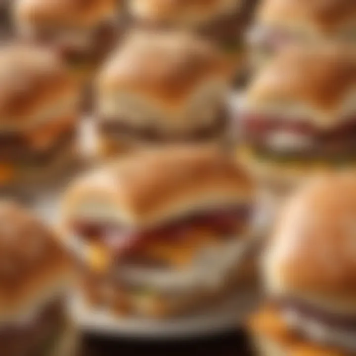 An array of White Castle sliders, showcasing various toppings and condiments.