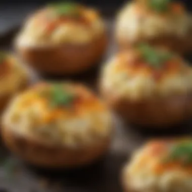 Twice baked potatoes being filled with creamy mixture