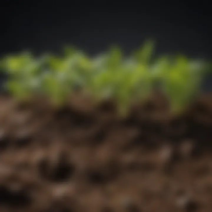 A close-up of rich, organic soil with seedlings peeking through, showcasing healthy growth.