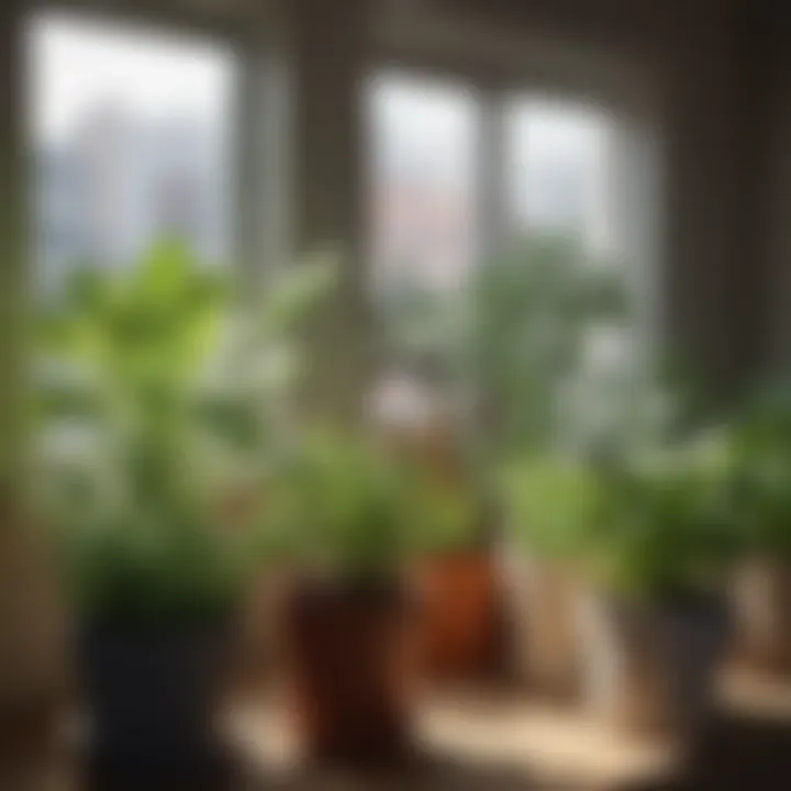 Natural light streaming through a window, illuminating a collection of potted vegetable plants.