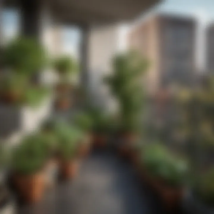 A stylish apartment balcony converted into a vegetable garden with pots and planters.