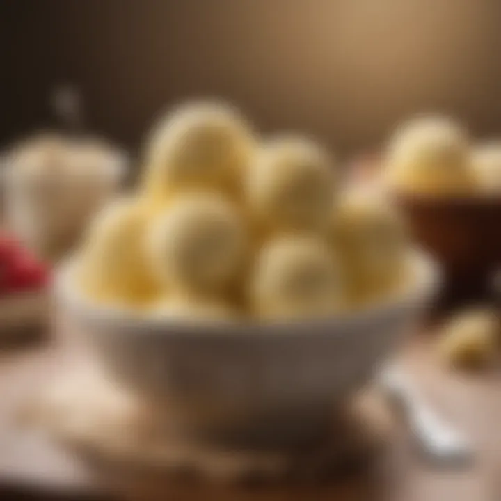 Scoops of homemade custard ice cream served in a bowl with toppings