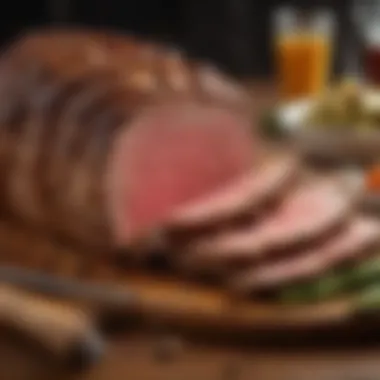 A succulent prime rib roast sliced to reveal its juicy interior.