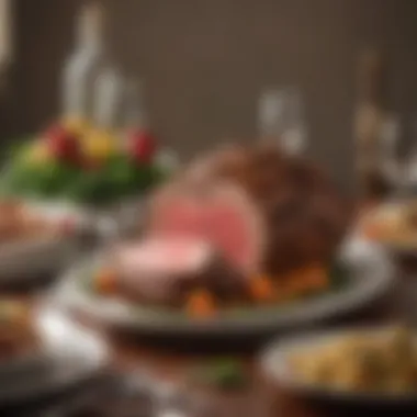 An elegant table setting featuring a prime rib roast as the centerpiece.