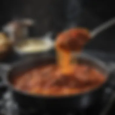 A simmering pot of rich meat sauce on the stove