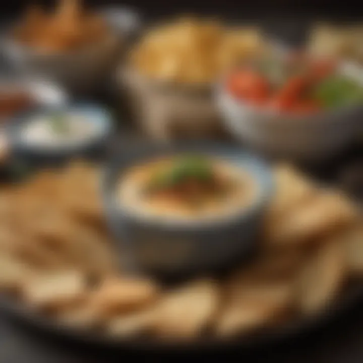 A close-up of a flavorful dip alongside crispy accompaniments